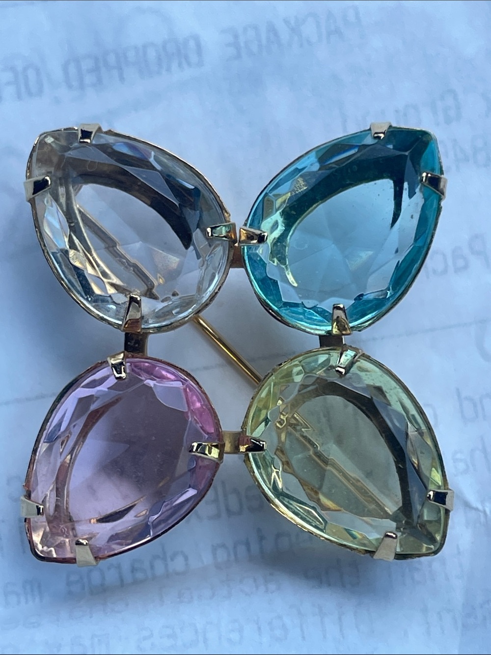 AVON Multi-Color Teardrop Crystal Brooch - Pastel Pink, Yellow, Aqua, and Clear